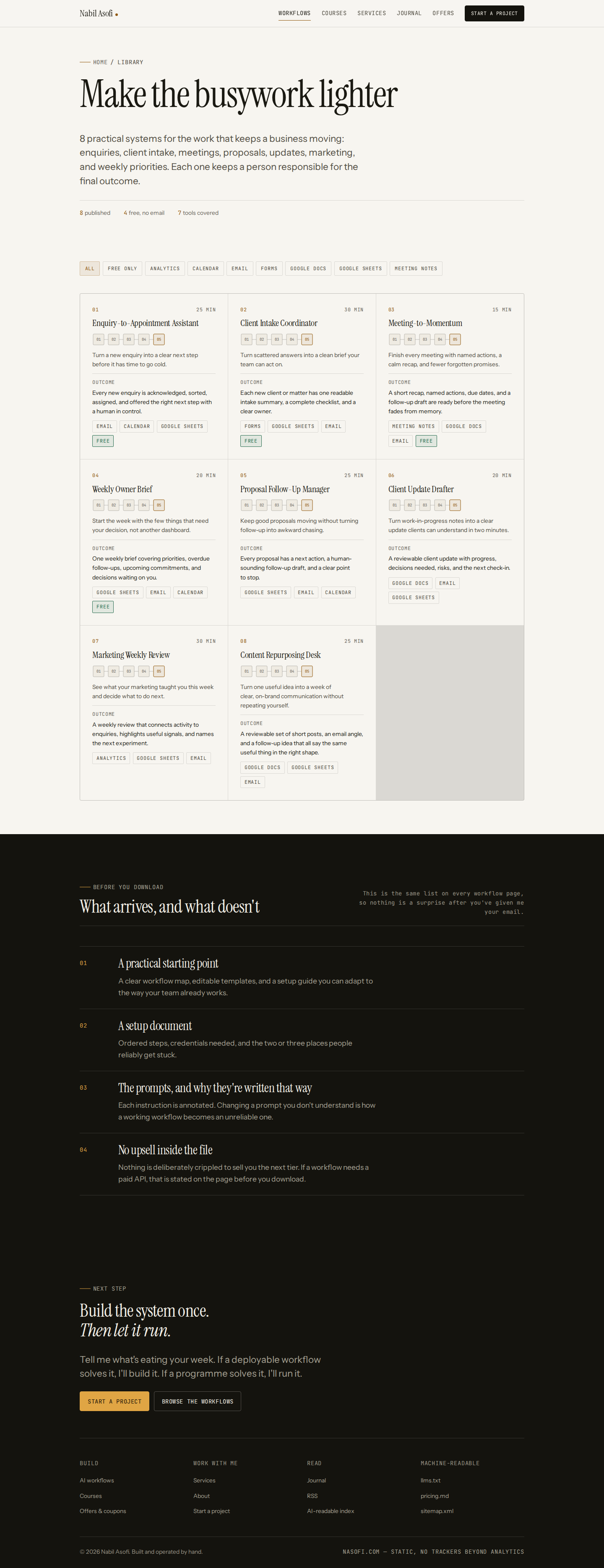 nasofi.com/workflows — 12 cards, generated pipeline strips, live filters